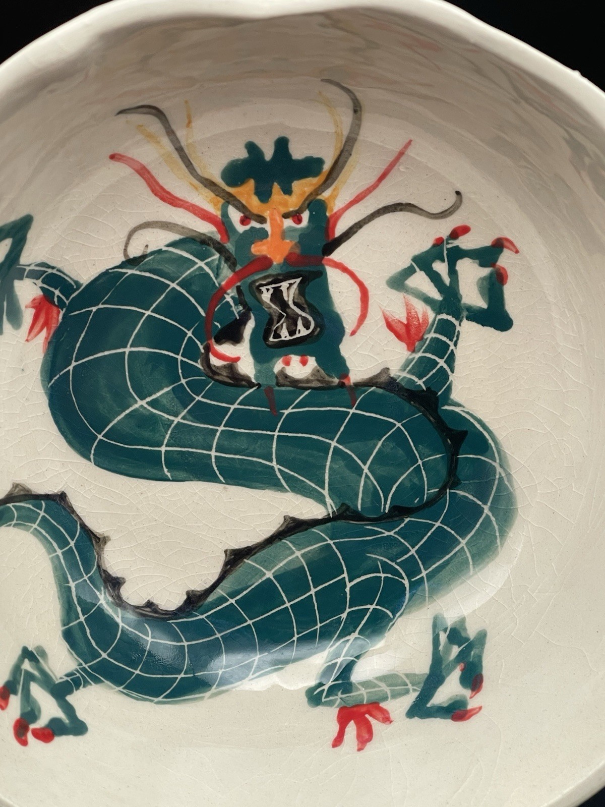 🔥Vintage Signed Glazed Hand painted Chinese Dragon Pottery Bowl Amazing