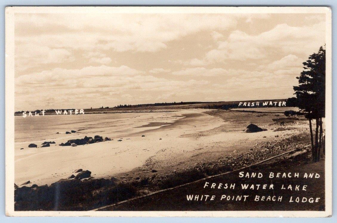 RPPC 1940's WHITE POINT BEACH LODGE SAND BEACH & FRESH WATER LAKE*CANADA