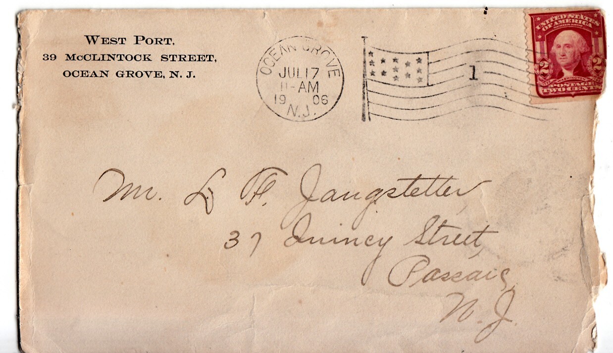 1906 West Port Ocean Grove to Passaic NJ American Flag Postmarked Envelope Only