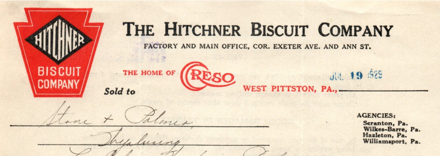 1929 PITTSTON PA THE HITCHNER BISCUIT COMPANY BILLHEAD LETTERHEAD INVOICE Z7642