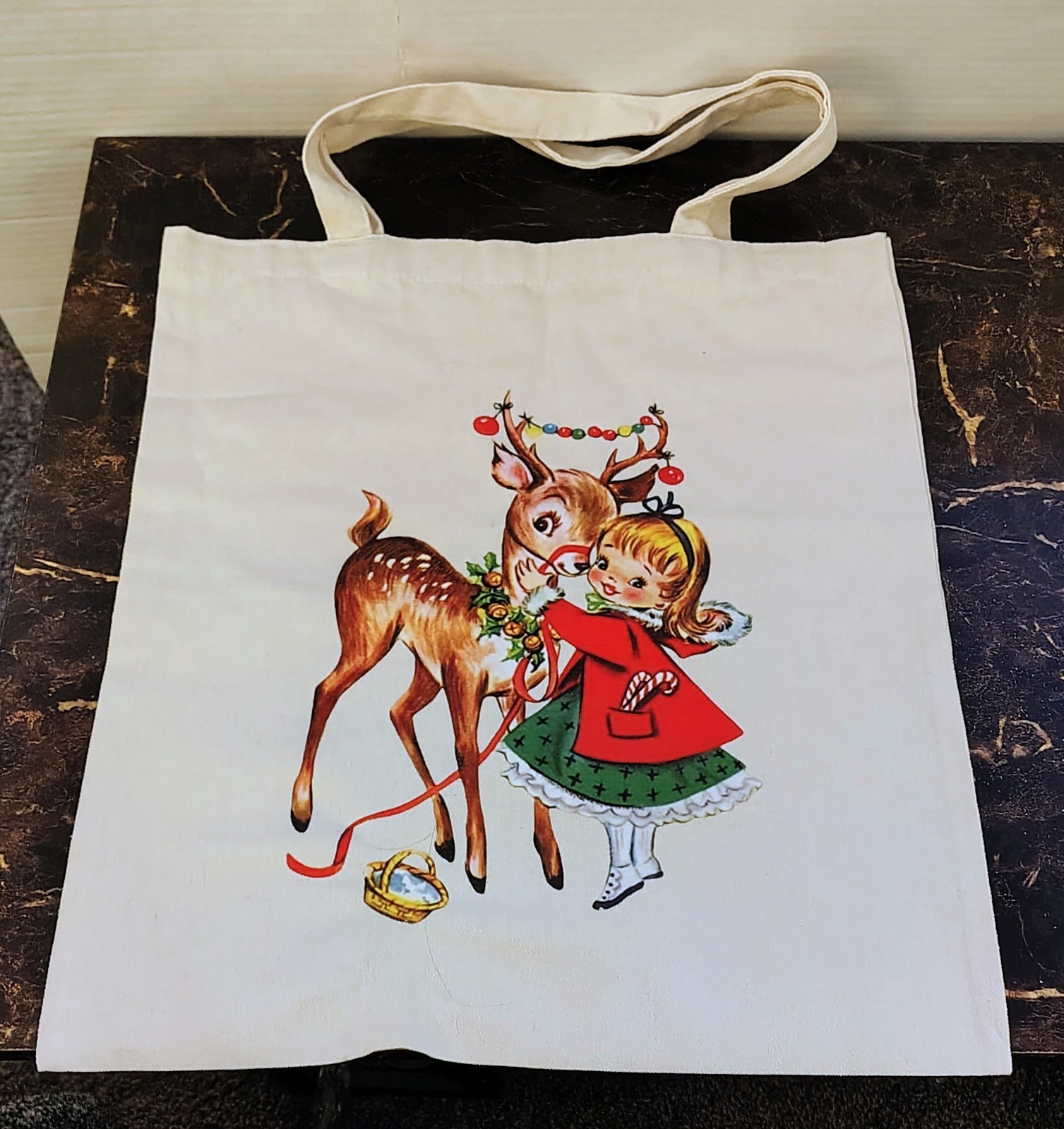 Vntg 1960s Bethany Lowe Girl Hugging Deer Christmas Holiday Canvas Presents Bag 