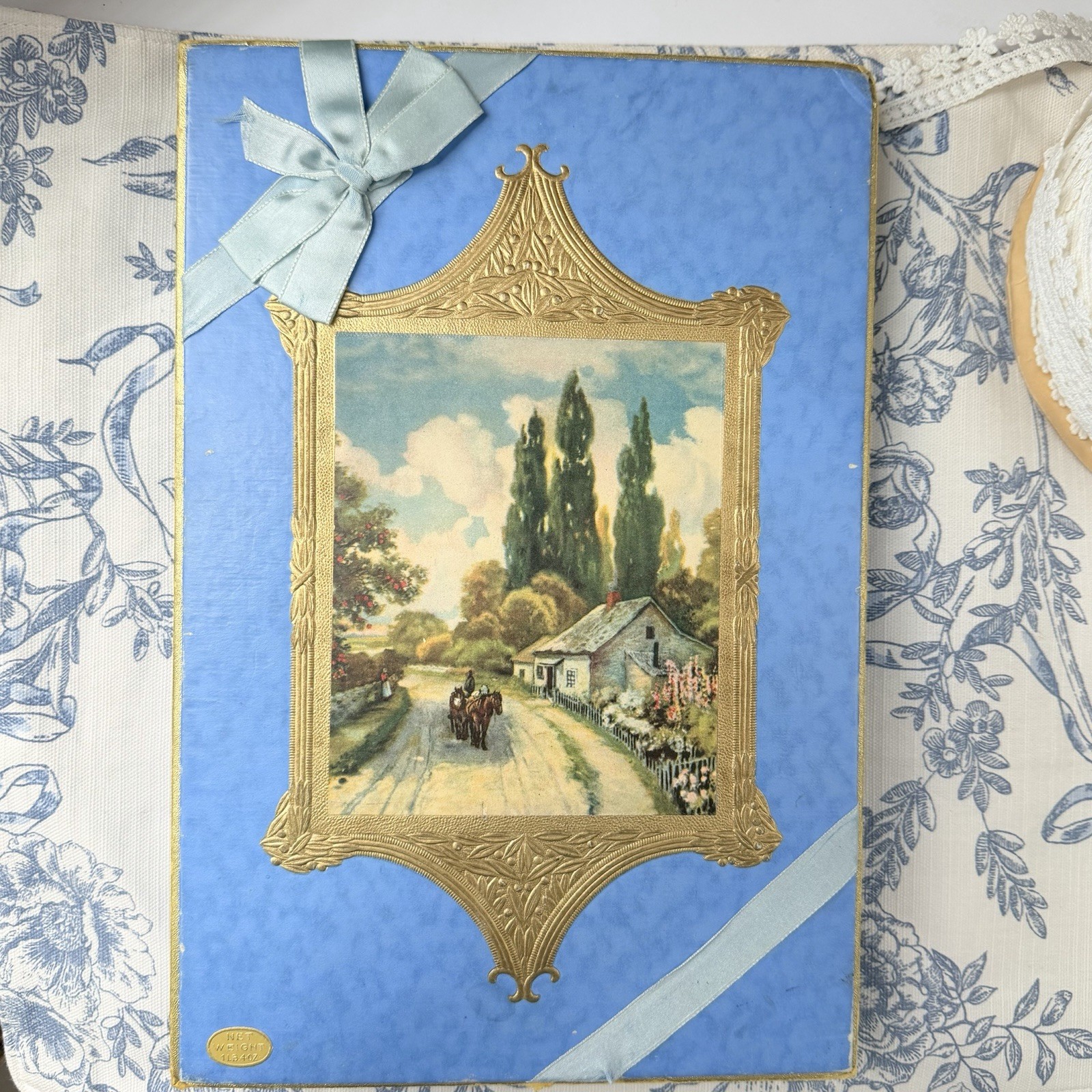 Vintage 1950's Schrafft’s Chocolate Box w Bow & Landscape Cottage Gift Box Blue