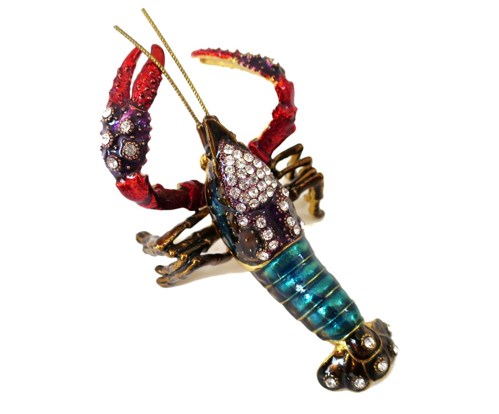 Bejeweled Red Lobster Hinged Metal Enameled Crystal Trinket box