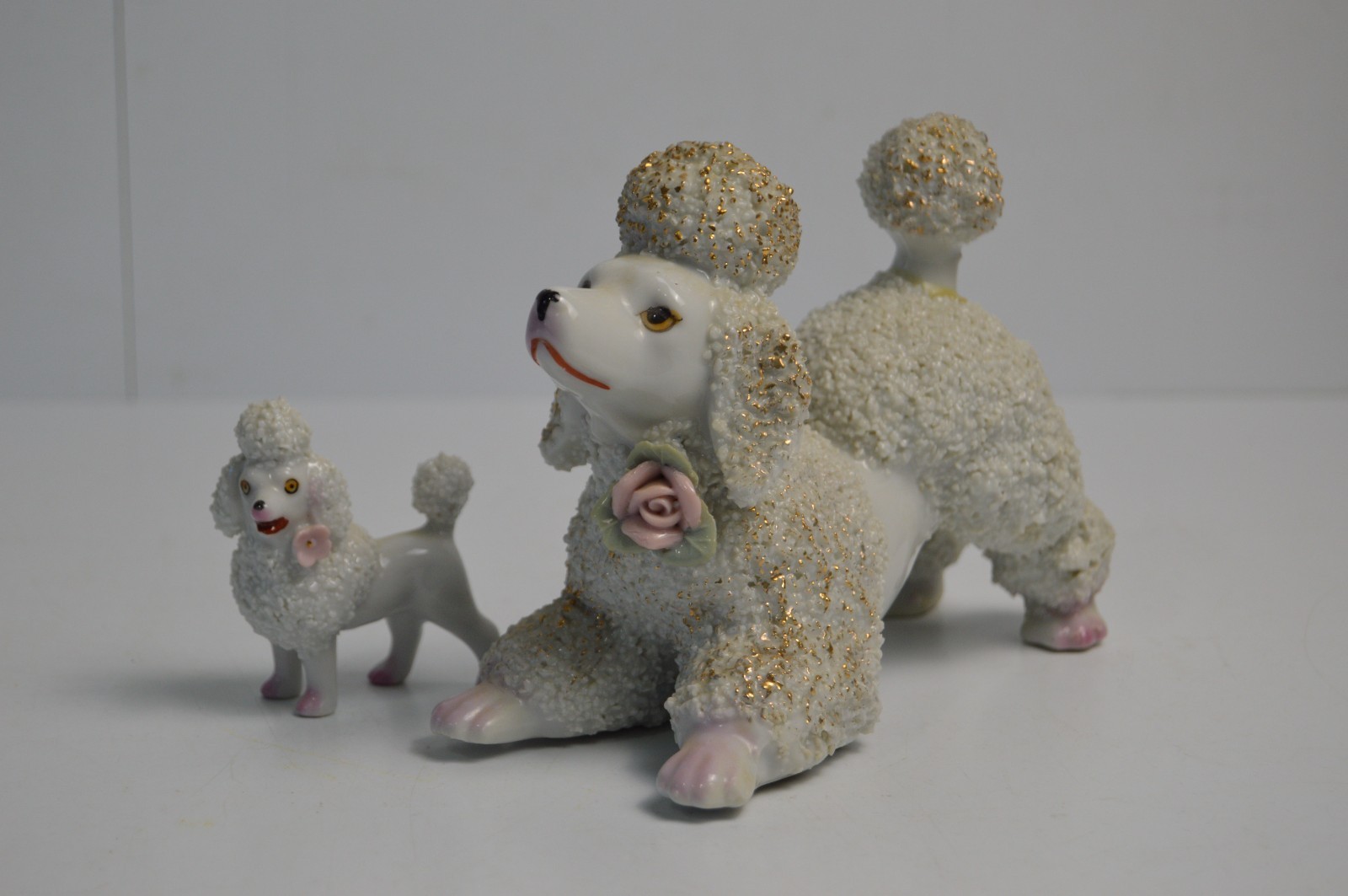 2 Vintage MCM Standard Poodle Porcelain Sugar Coat Spaghetti Rose Gold Japan