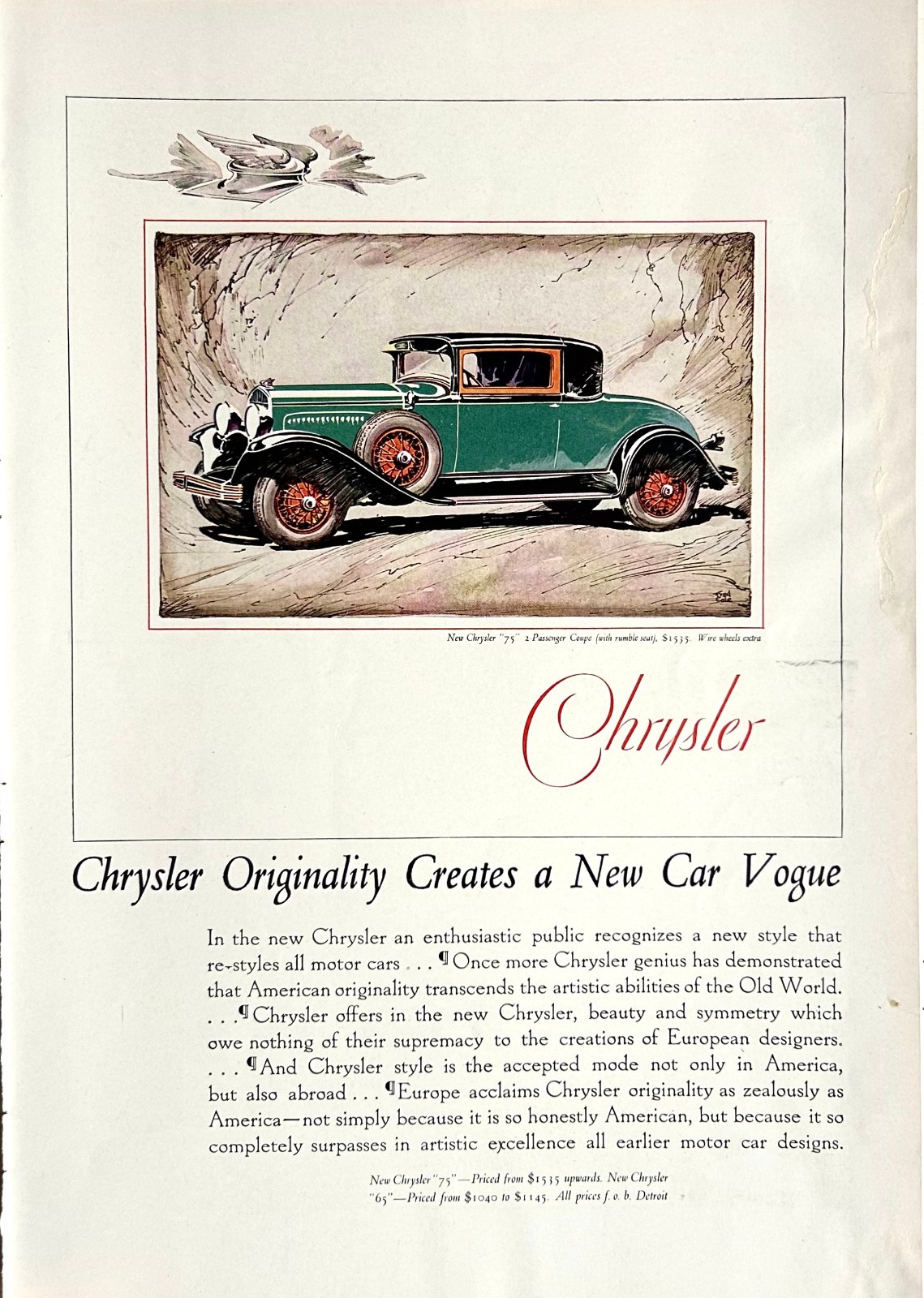 1928 Ad (9 3/4  X 14 inches) new 1929 Chrysler 75 Coupe With Rumble Seat