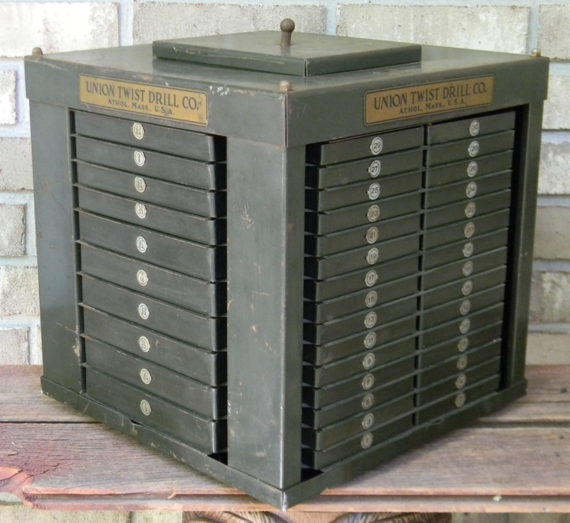 Vintage Union Twist Drill Company Store Display / Rotating Drawer Cabinet