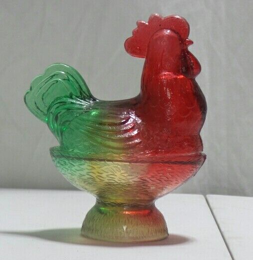 Vintage Hen On A Nest ROOSTER Red & Green Colored Glass