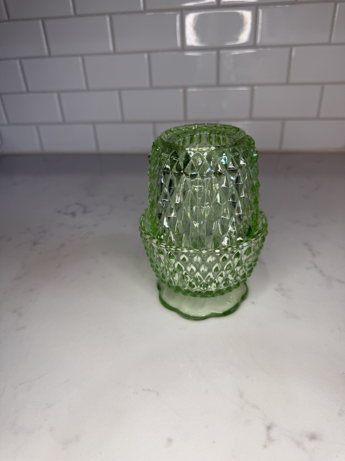Vintage Indiana Glass Diamond Point Mint Green Fairy Lamp Candle Holder EUC