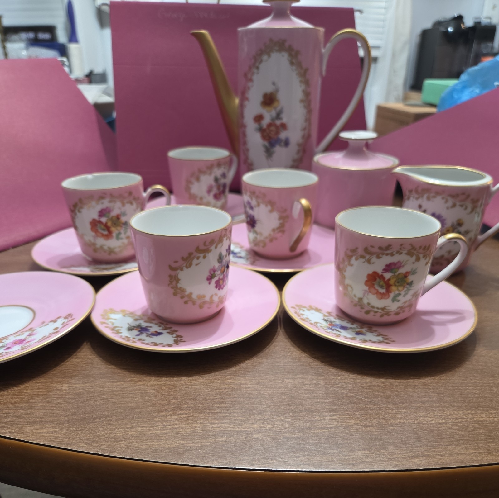 Vintage C. Limoges France Pink & Gold Porcelain Tea Coffee Service Set - 11 Pcs