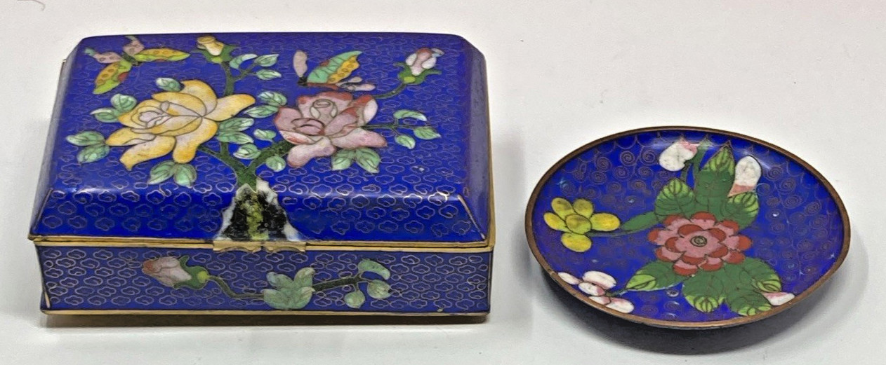 VTG Chinese Blue Floral Cloisonne Enamel Trinket Box with Matching Small Dish