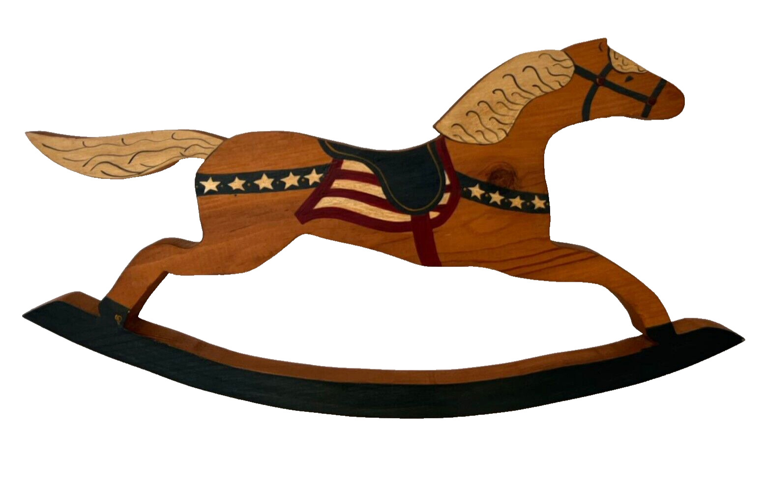 Vintage Wooden Rocking Horse Wall Hanging Handcrafted Patriotic Folk Art, Signed