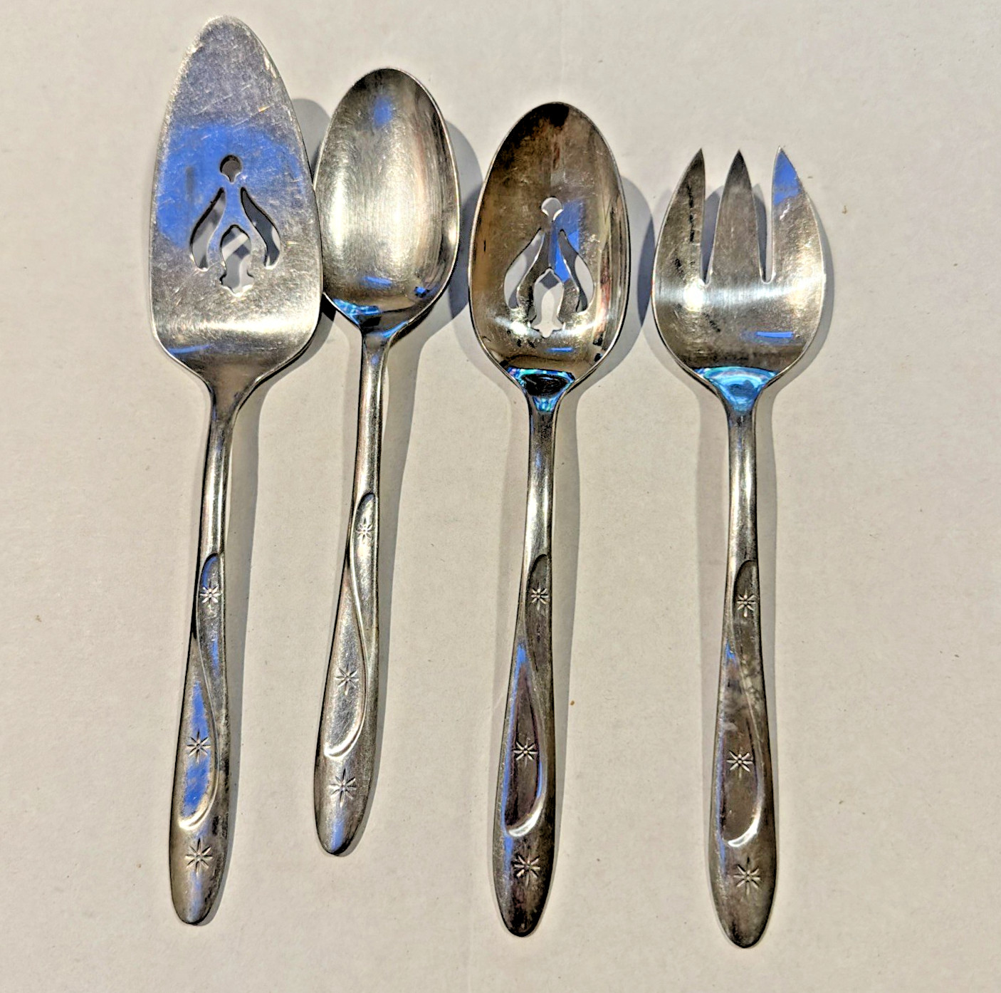 VTG 1950s Lot 4 Serving Utensils Americana 3 Star Atomic Starburst Int Silver Co