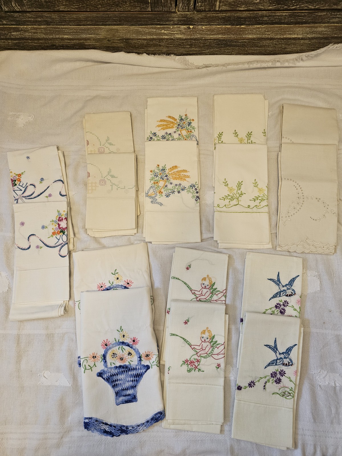 Lot Of 8 Pair Vintage Pillowcases Embroidered  Bluebirds Yours/Mine Very Good