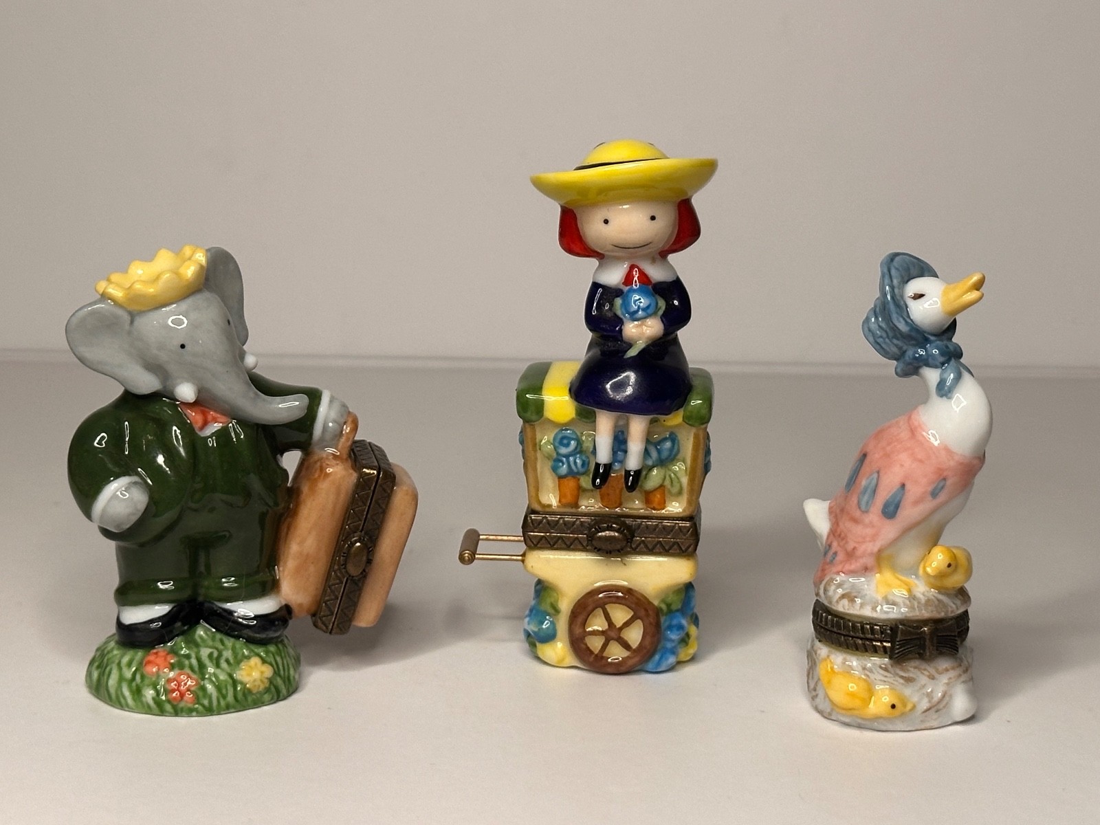 3 Rare VTG Midwest Porcelain Hinged Trinket Boxes BABAR MADELINE & MOTHER GOOSE