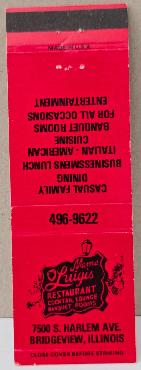 Vintage Matchbook Cover Mama Luigi\'s Restaurant Bridgeview Illinois IL Harlem St Vintage Matchbook Cover Mama Luigi\'s Restaurant Bridgeview Illinois IL Harlem St
