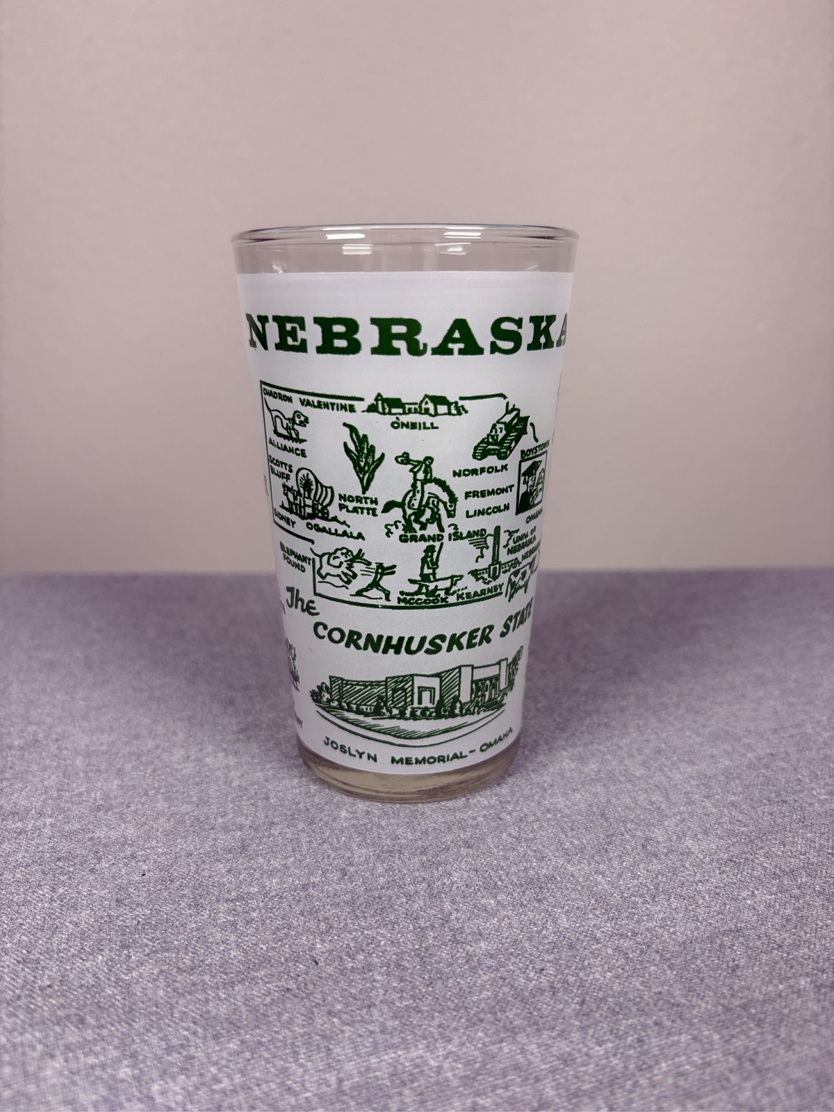 VTG Hazel Atlas Nebraska The Cornhusker State Frosted Glass Tumbler Souvenir Map