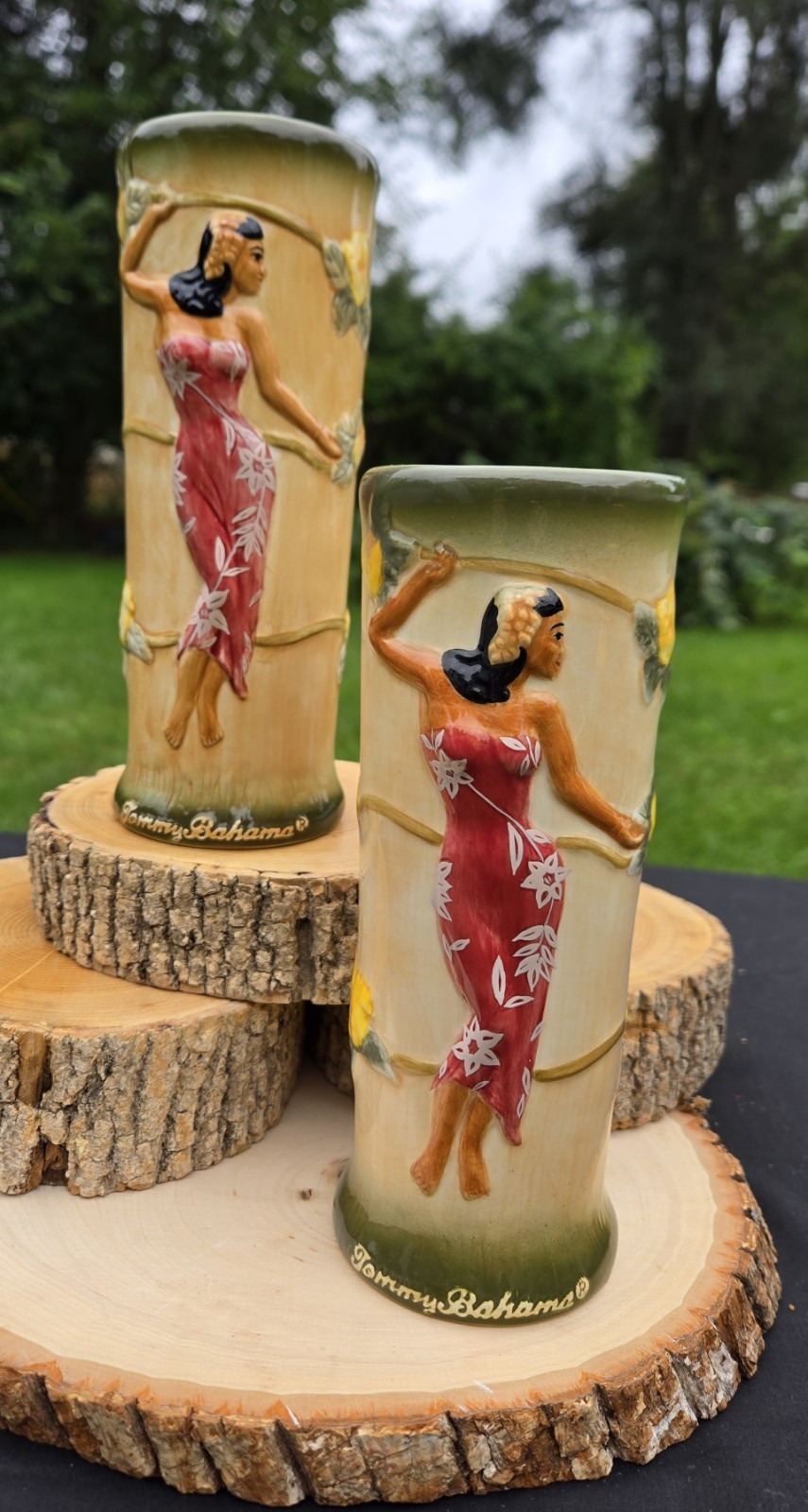 Set 2 Vintage TOMMY BAHAMA 2002  Paradise Tumblers Kimono Lady Tiki Mugs Highbal
