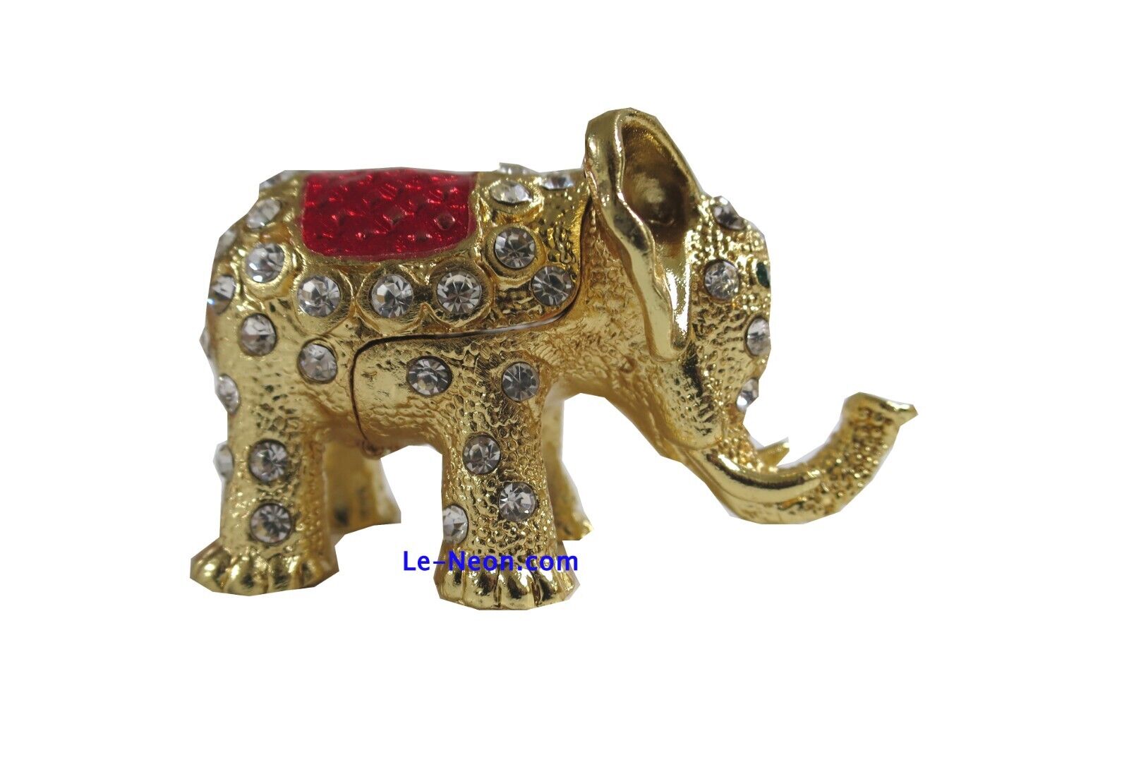 Bejeweled Small Gold Elephant Hinged Metal Enameled Rhinestone Trinket Box