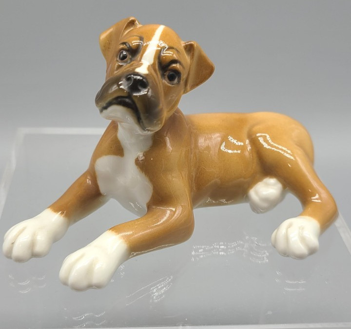 Vintage JHR Germany Hutschenreuther Boxer Dog Laying Glazed Porcelain Figurine