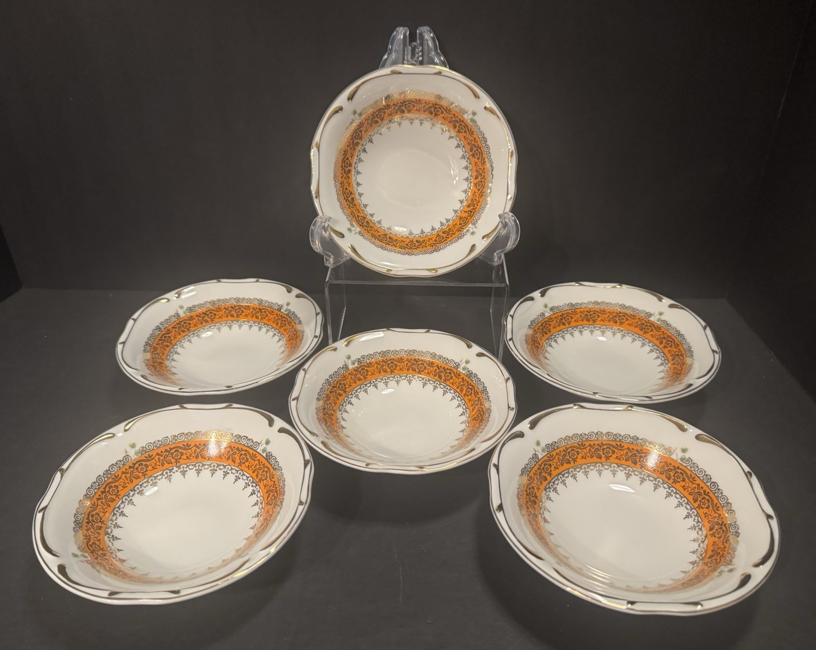 VTG  Porcelana Steatita, Elcy, Brazil, Bowls w/Orange, Blk.Gilded Gold, Set of 6