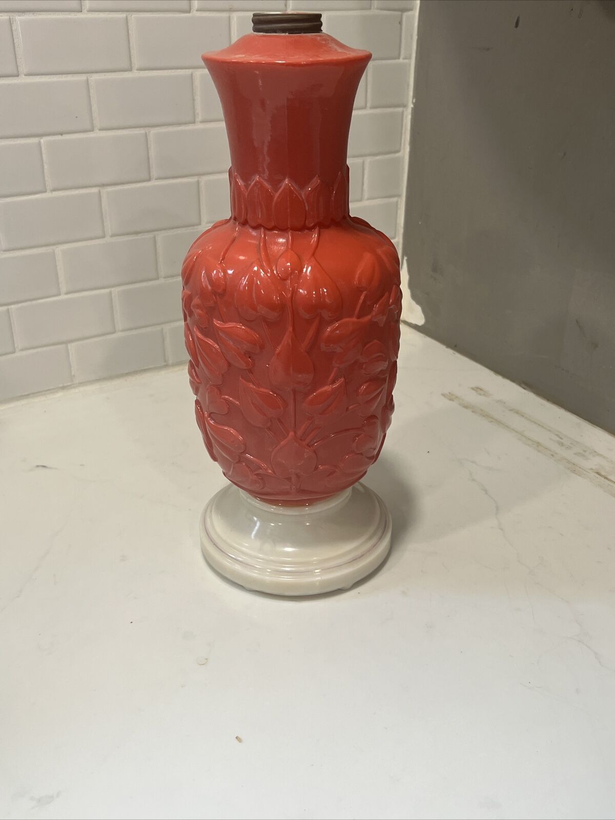 Vintage Glass Lamp Base Aladdin Alacite Red Hearts Vines 14” Base Only