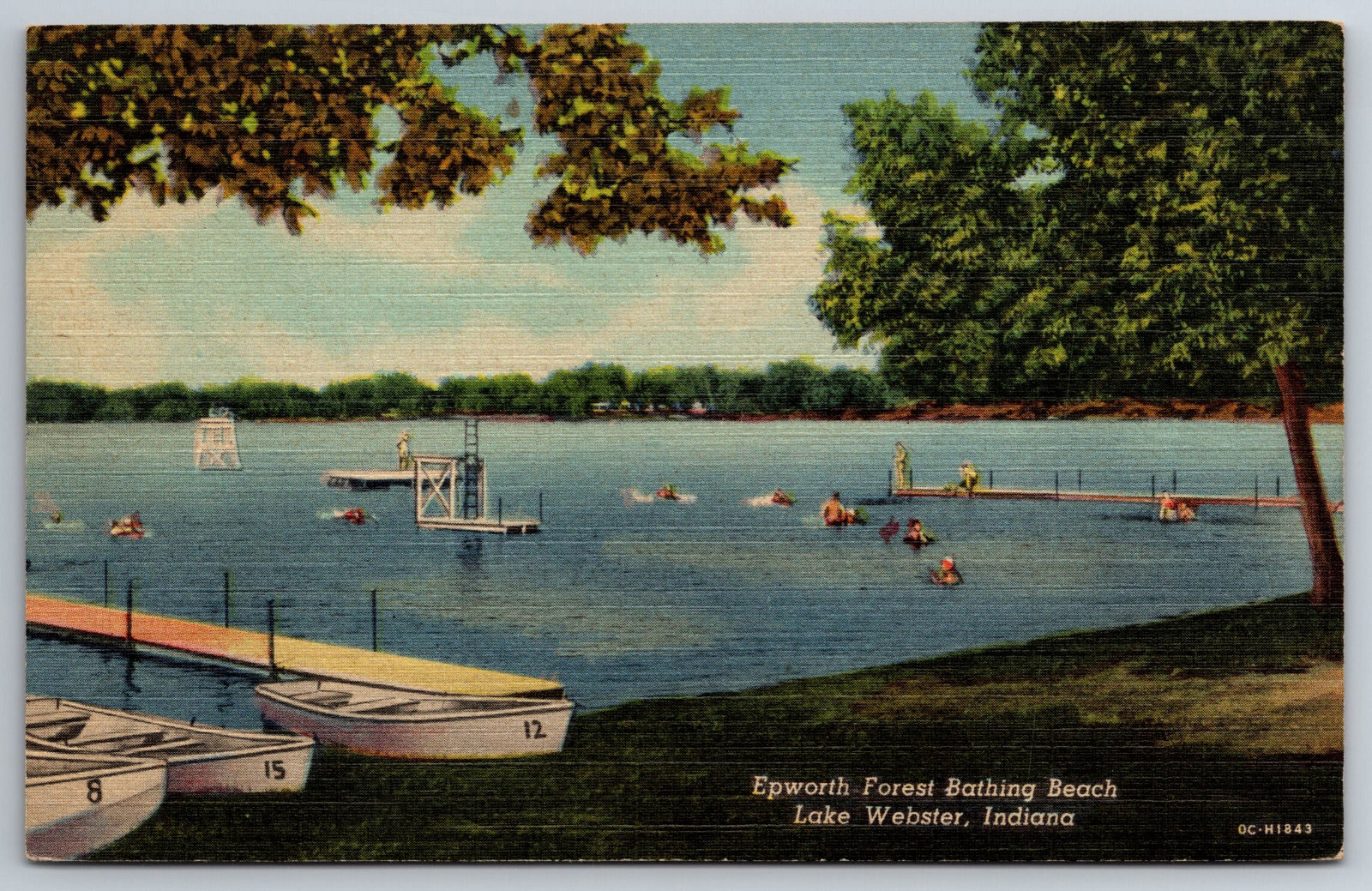 Vintage Postcard IN Lake Webster Epworth Forest Bathing Beach Boats Linen ~8841