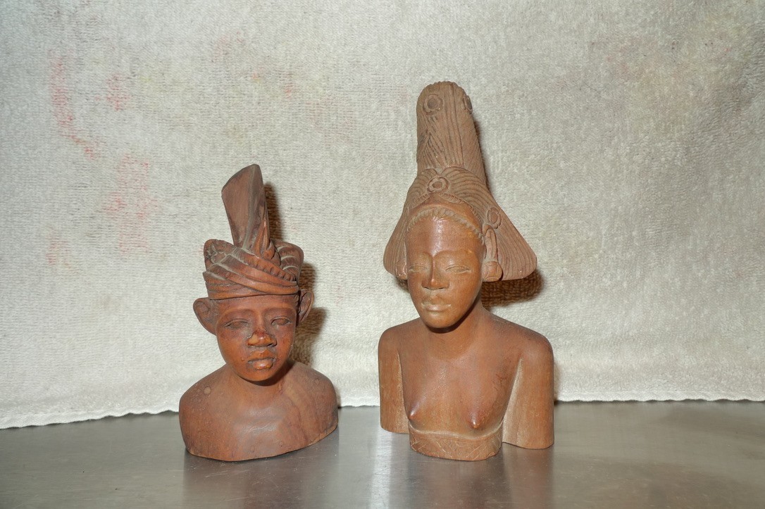 Handcarved Wooden Balinese Figures in Traditional Attire One is Signed 