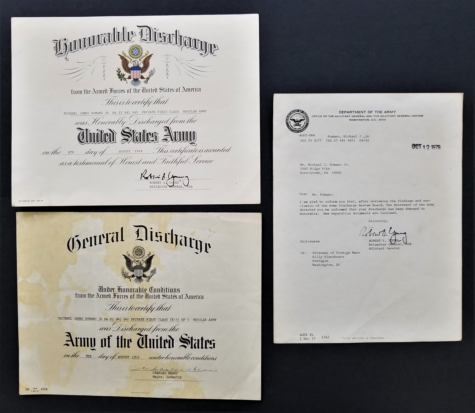 LOT vintage 1959 GEN'L DISCHARGE changed 1979 to HONORABLE norristown pa ROMANO