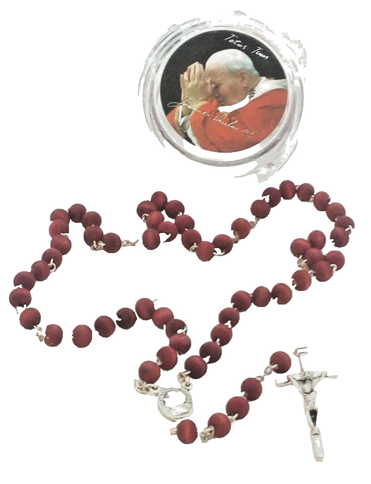 Pope John Paul II Rose Scented Wood Rosary Beads and Box, Made in Italy