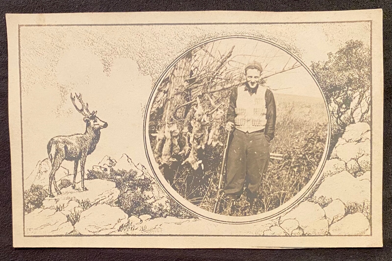 Real Photo RPPC~Hunter w Rifle & Dead Rabbits In Hunting Scene Etching~Postcard