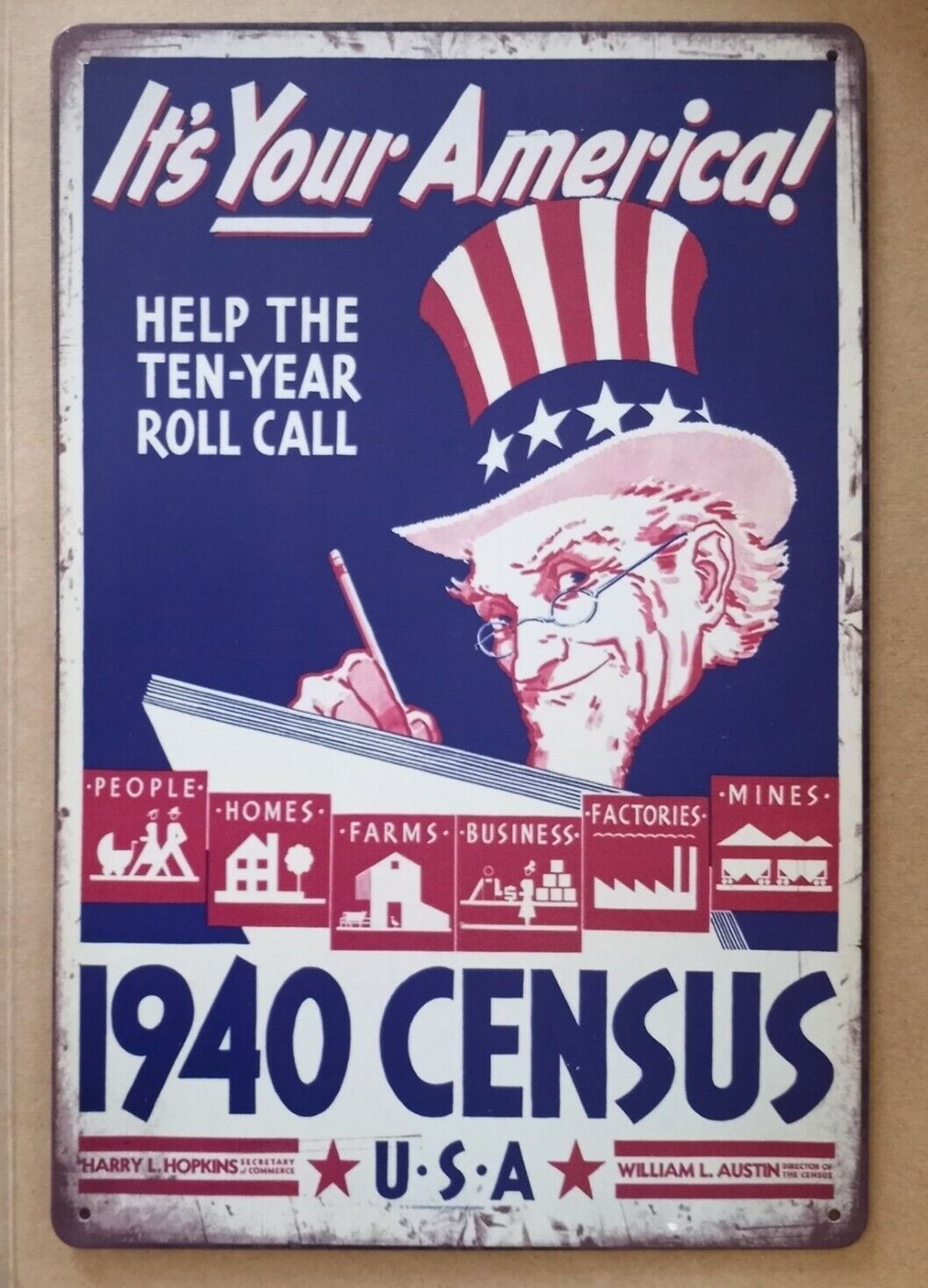 1940 Census - USA - metal hanging wall sign