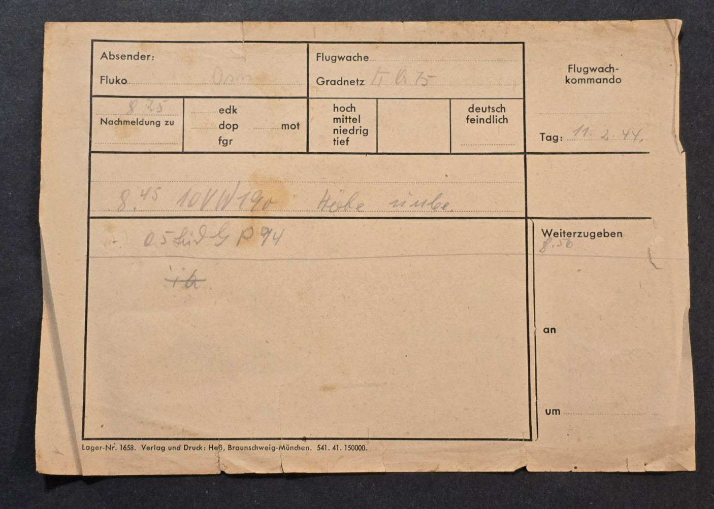 WWII German Luftwaffe Flugwache Enemy Aircraft Observation Report Document 1944