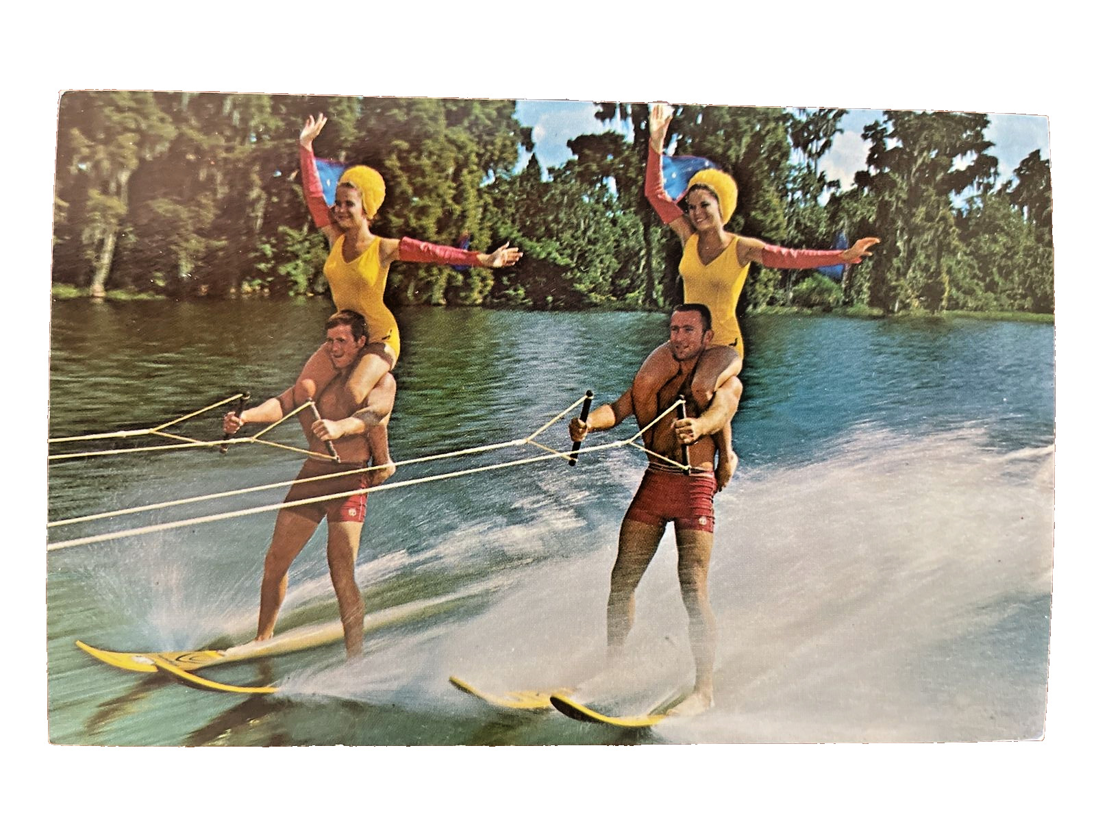 Postcard Double Doubles Ski show at Florida's Cypress Gardens Vintage 1970 UNP