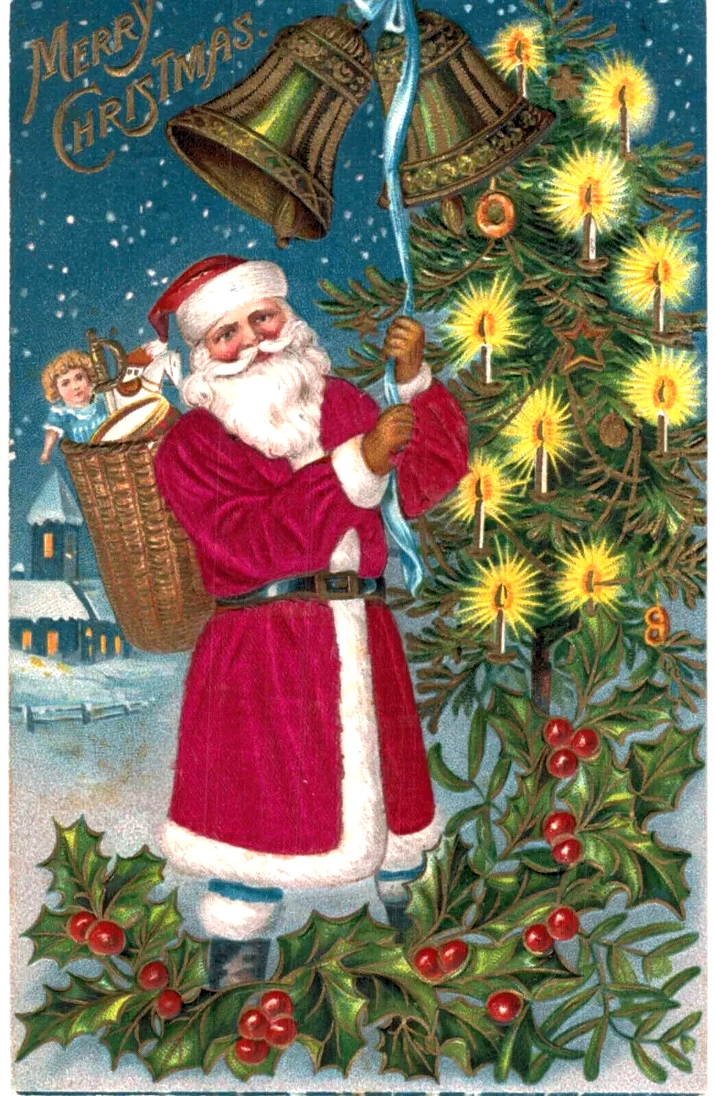 Silk Santa Claus Rings Bells~Basket of Toys~Antique Christmas Postcard~h856