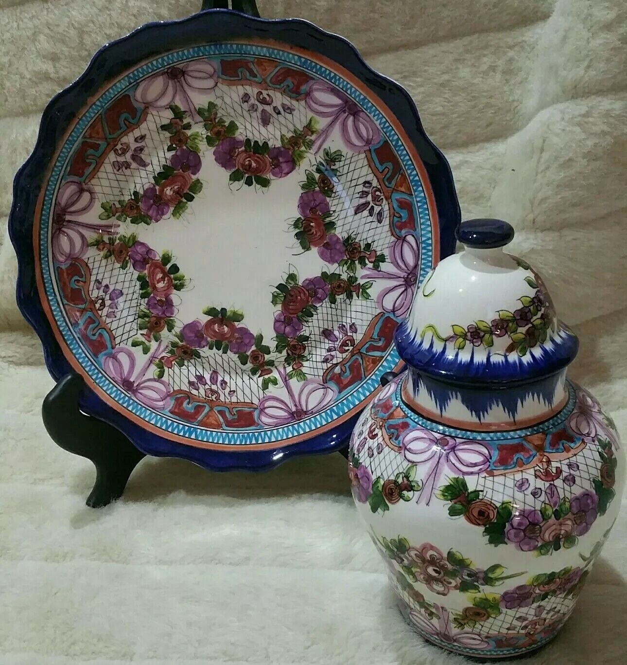Vintage Pintado A Mano Ginger Jar And Plate Made In Mexico Hand Painted Floral