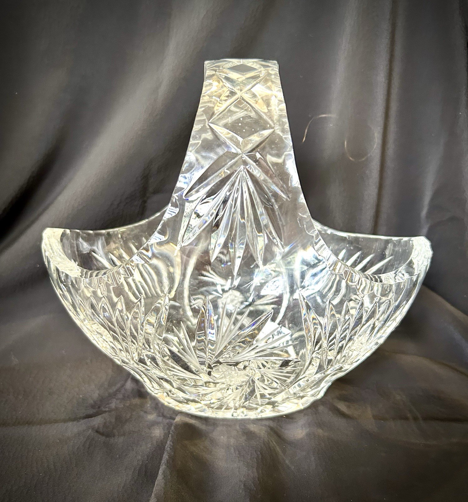 Vintage Cut Crystal Basket With Diamond And Vertical Cut Design On Handle