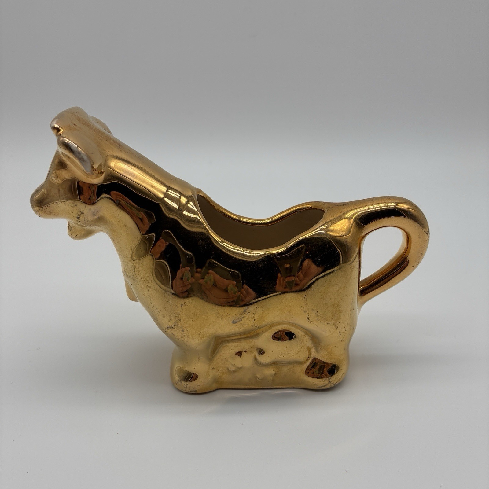 Vintage Shiny Metallic 22K gold plated cow pitcher w/ curved handle & open top