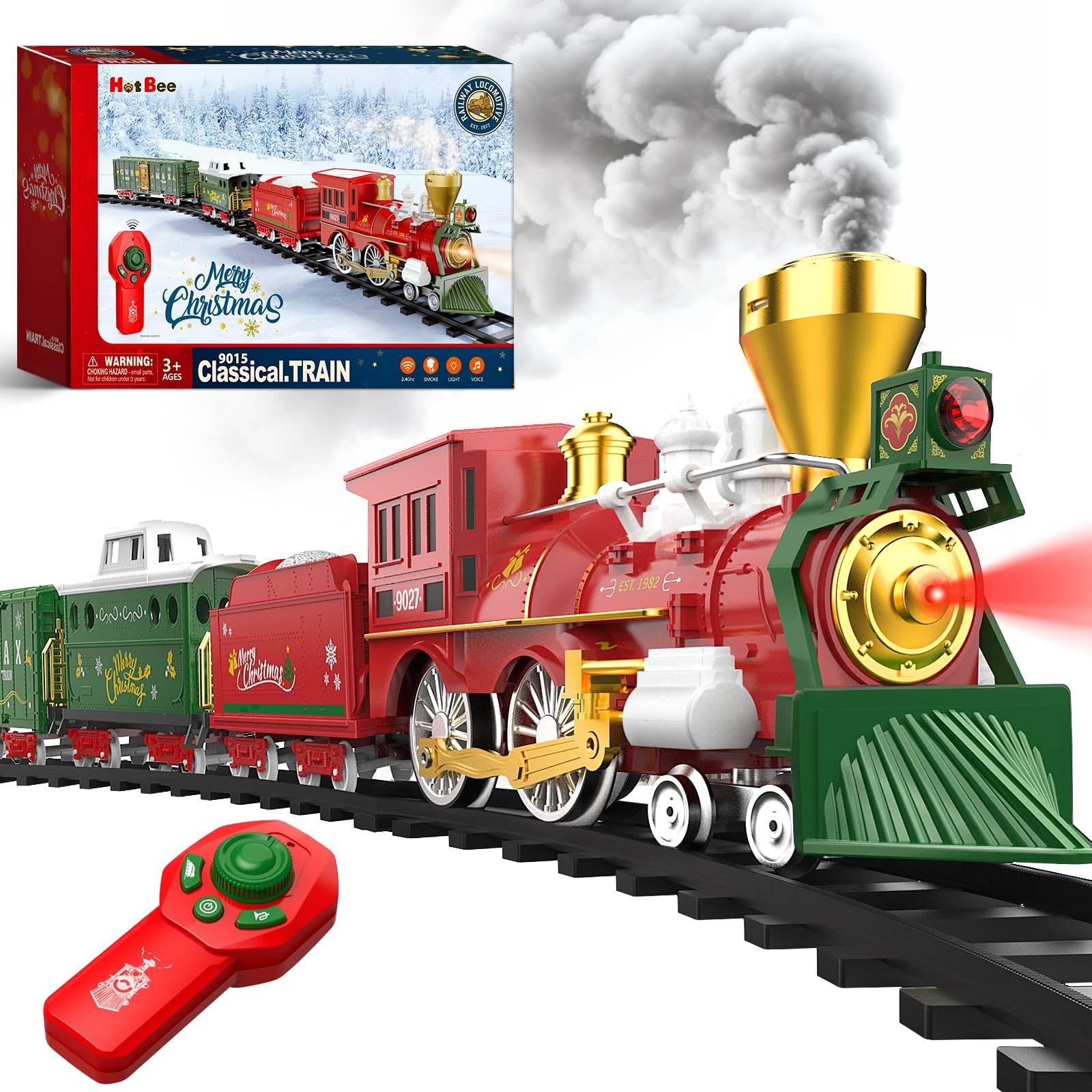 Hot Bee Christmas Train Set with Remote Control Train Toys w/Smoke, Lights & ...