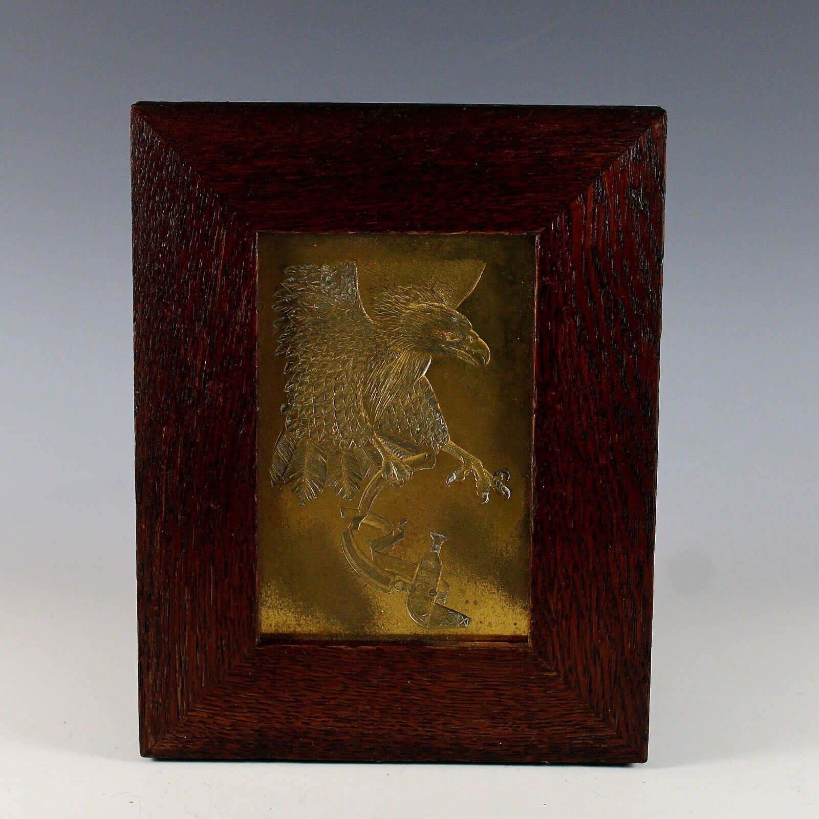 Vintage Bronze  Handmade Plaque of Eagle, Intaglio, Quarter Sawn Oak Frame