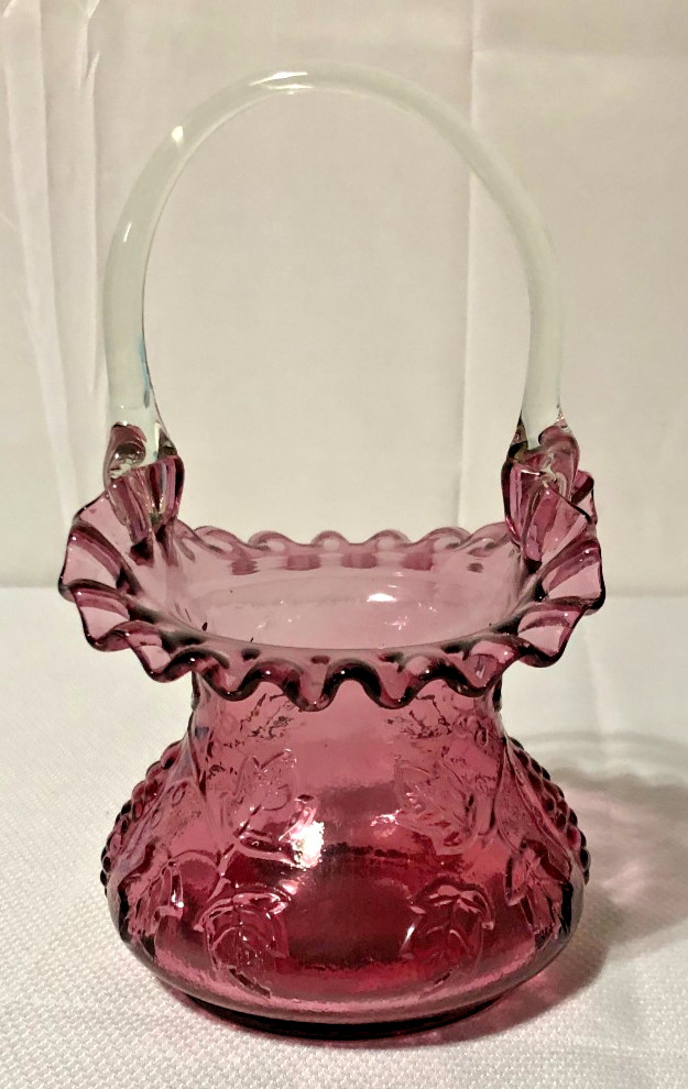 Vintage Cranberry Glass Basket/Crimped Rim/Embossed Grape Clusters