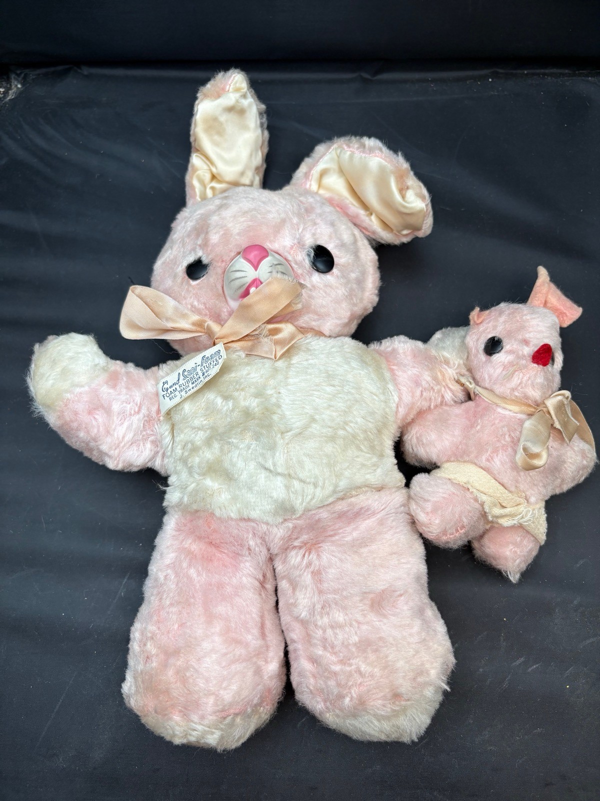 Vintage Gund Rubber Snout Pink Rabbit w/ Baby Stuffed Plush Doll