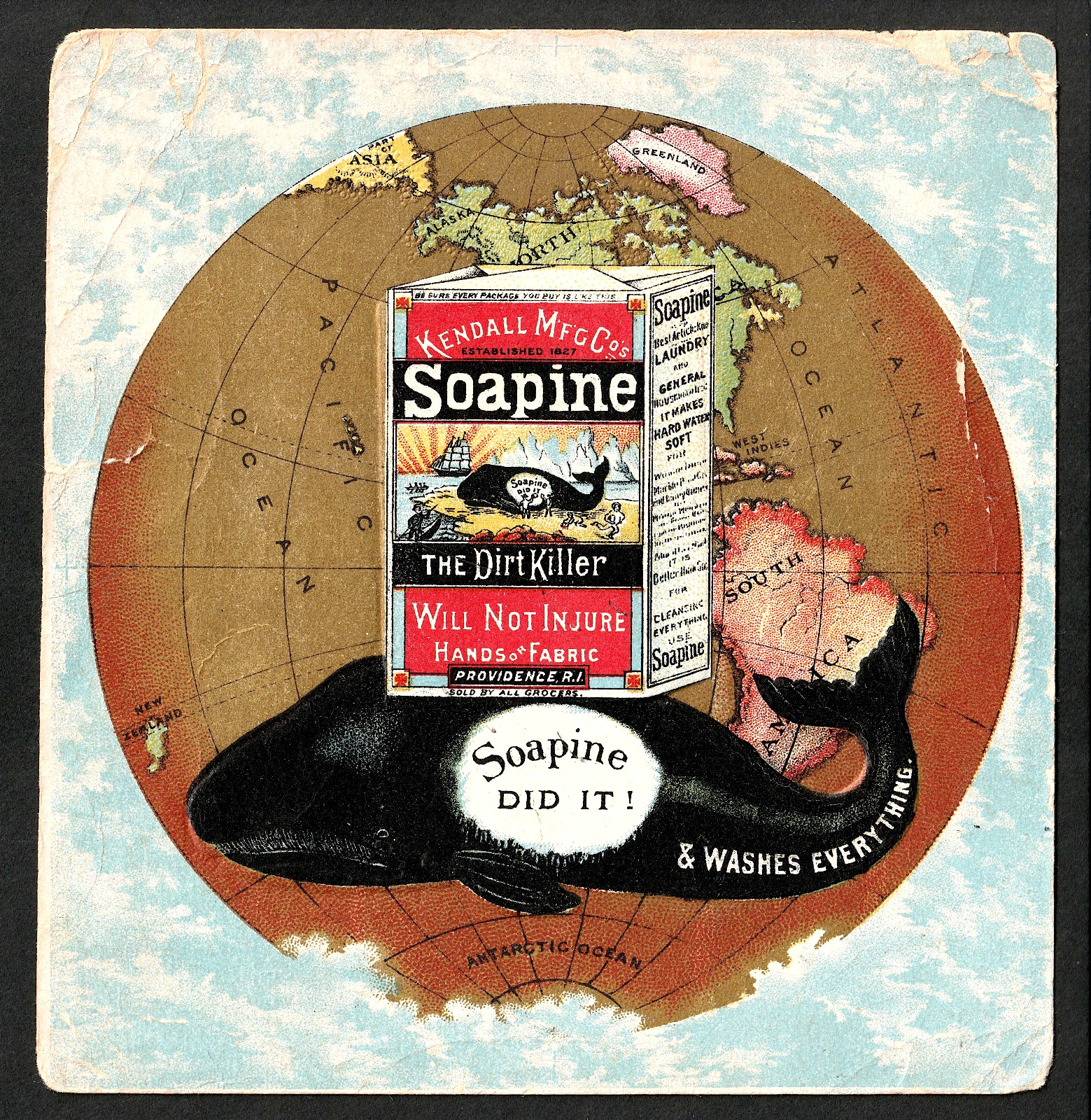 Very RARE - Soapine Soap Arctic Whale Earth Globe Book Cover old Trade Card j.US
