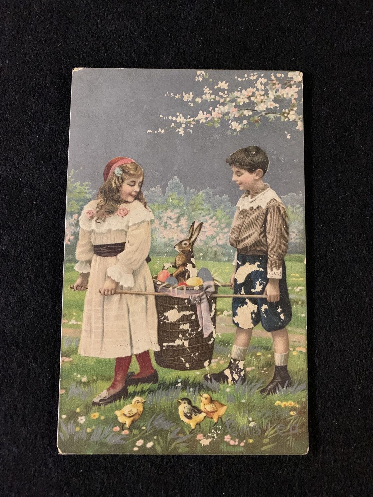 Victorian Easter Greetings Young Girl & Boy Chicks Bunny Antique Postcard Silver