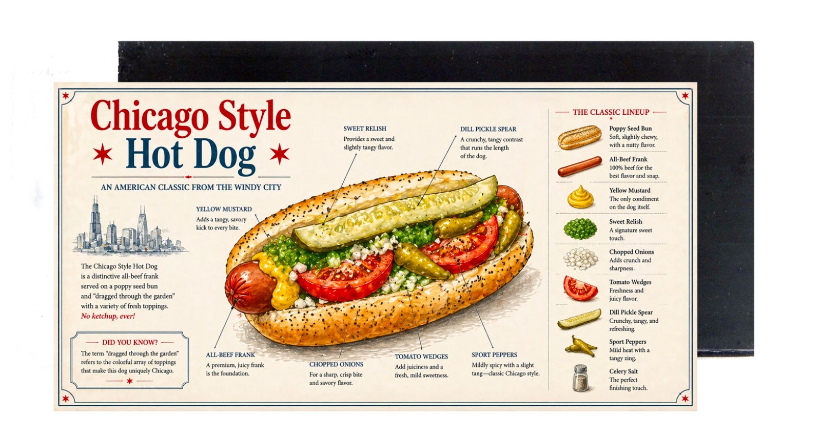 Chicago Style Hot Dog FRIDGE MAGNET (2 x 4 inches, wood)