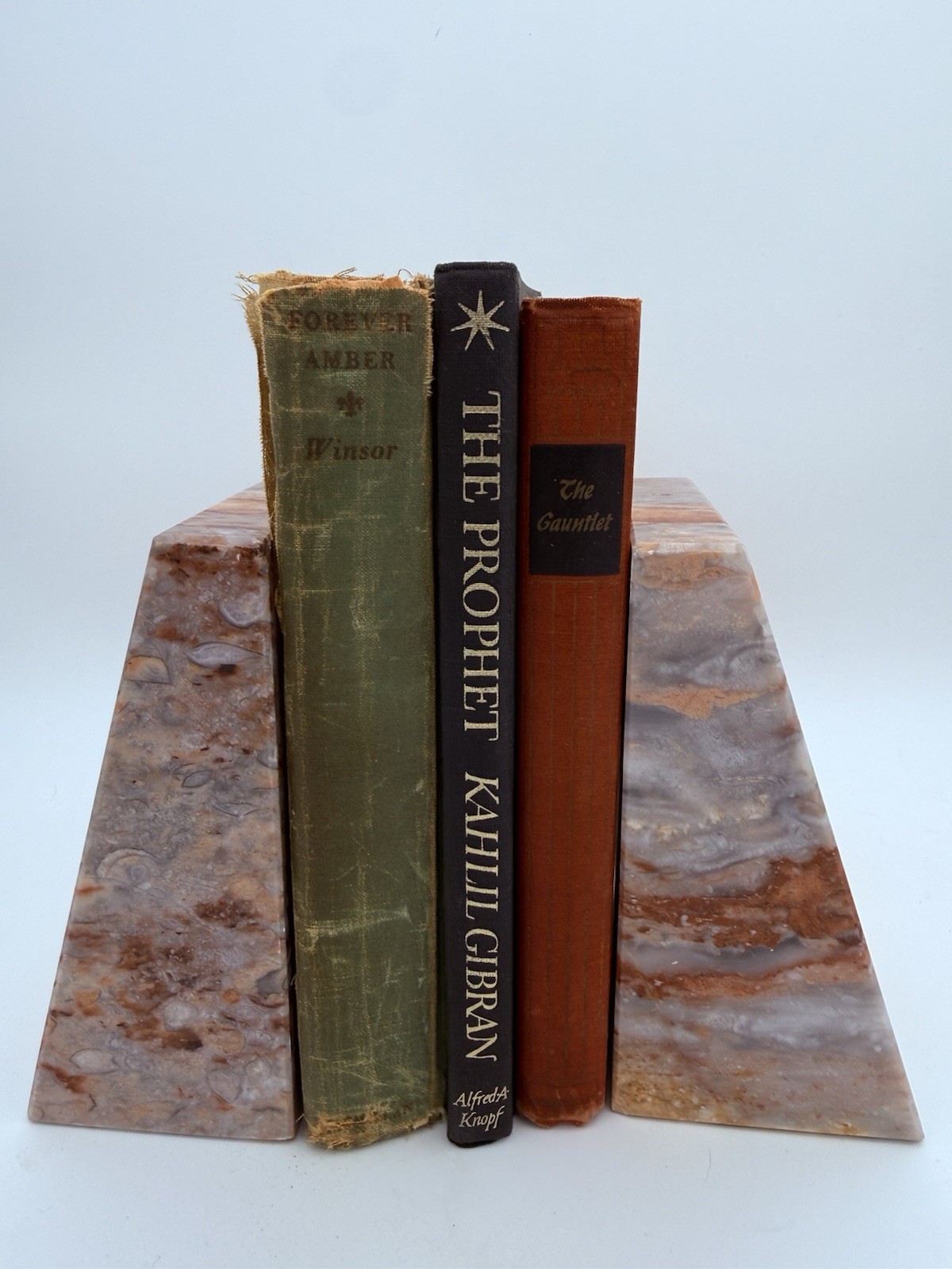 Vintage Pakistani Onyx Bookends Pink Gray Banded Stone 6” Heavy 9 Lb Pair
