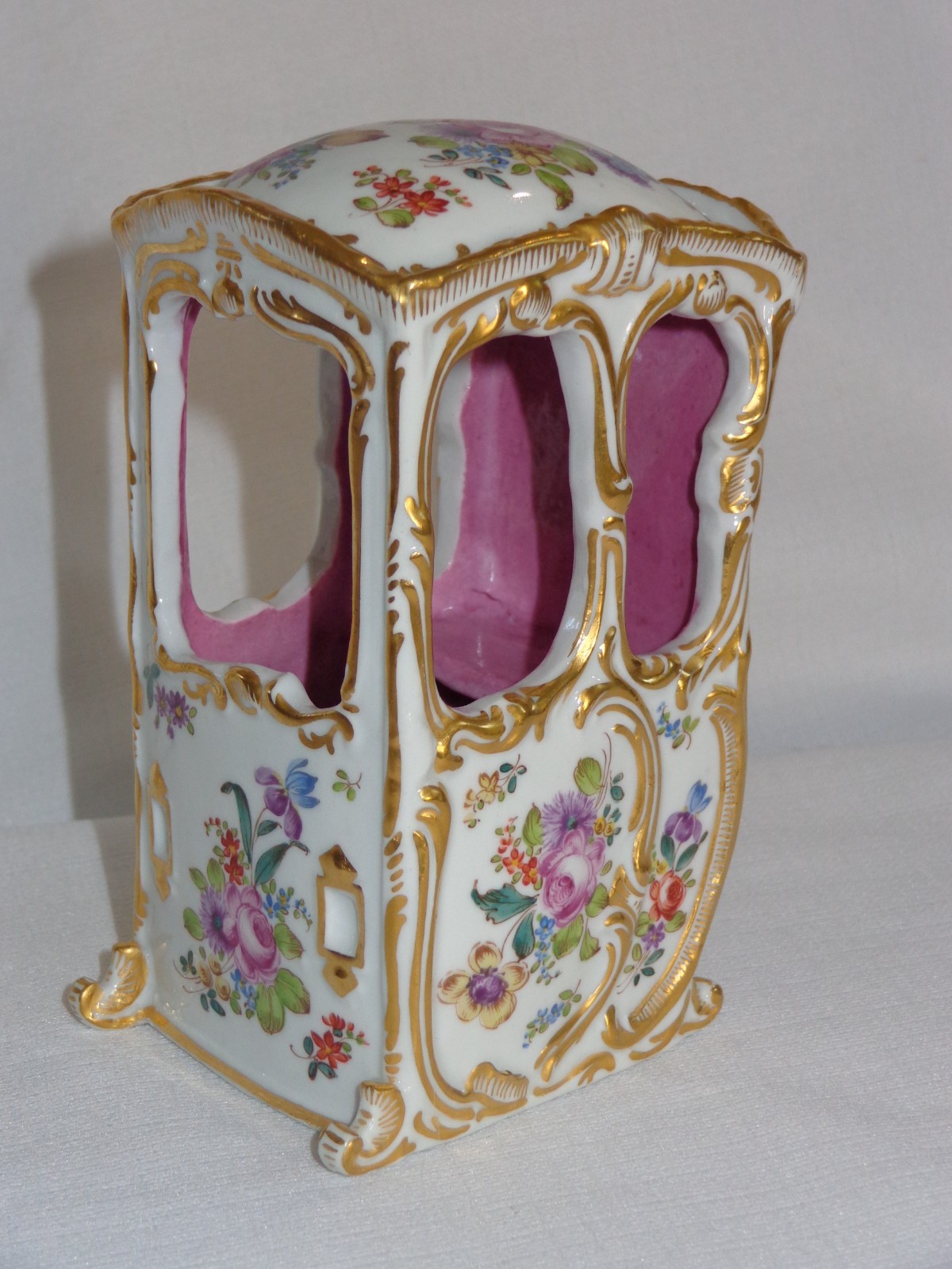 Antique Dresden Flowers Porcelain Hand Painted Sedan Chair w/ Heavy Gold 5 1/4\ Antique Dresden Flowers Porcelain Hand Painted Sedan Chair w/ Heavy Gold 5 1/4\