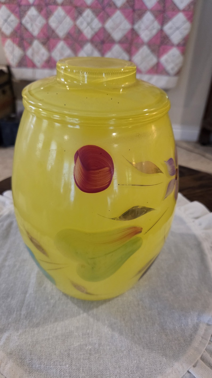 Vintage Bartlett Collins Yellow Glass Cookie Jar Hand Painted Fruit & Flowers Vintage Bartlett Collins Yellow Glass Cookie Jar Hand Painted Fruit & Flowers