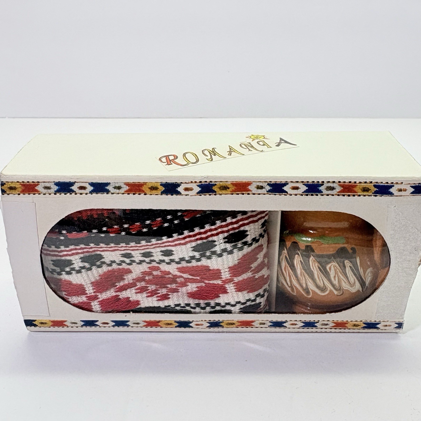 Romanian Souvenir Boxed GIFT SET of 2 Mini FOLK ART Pieces: Textile & Mug