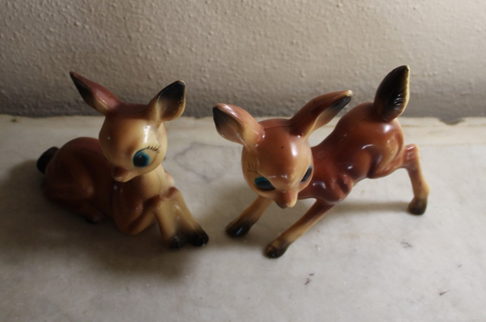Vintage Deer Doe Fawn Hard Plastic Christmas Hong Kong Big Eyes Kitsch Set of 2