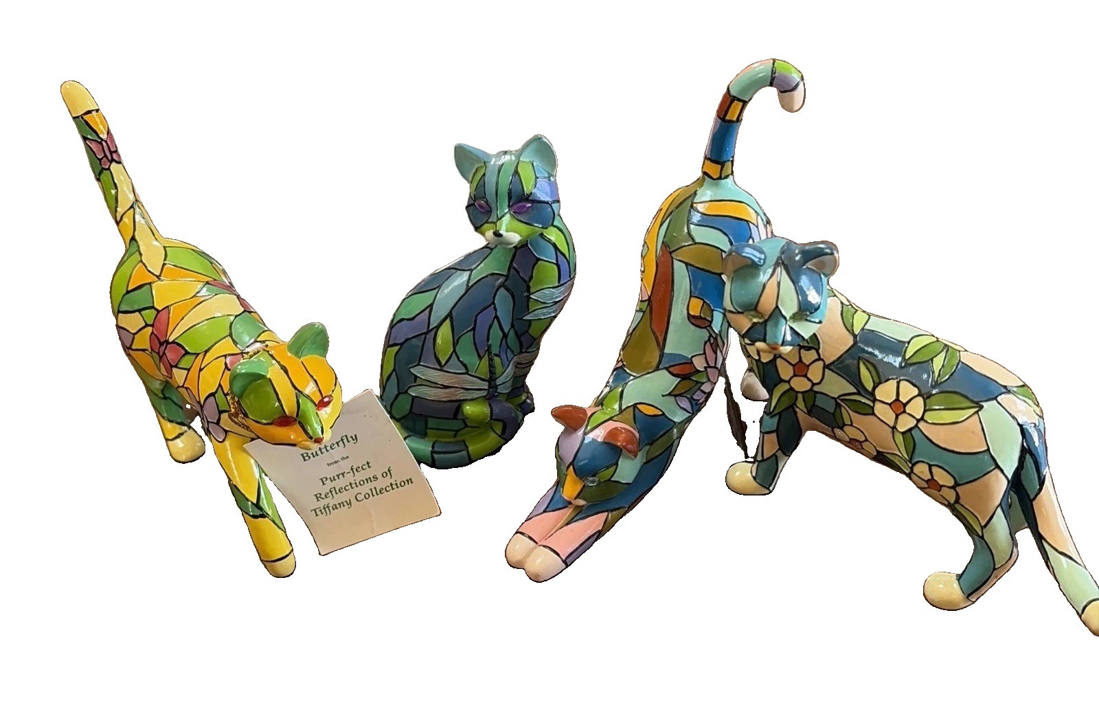 Purr-fect Reflections Tiffany Collection Cat Butterfly Dragonfly Mosaic Set 4pcs